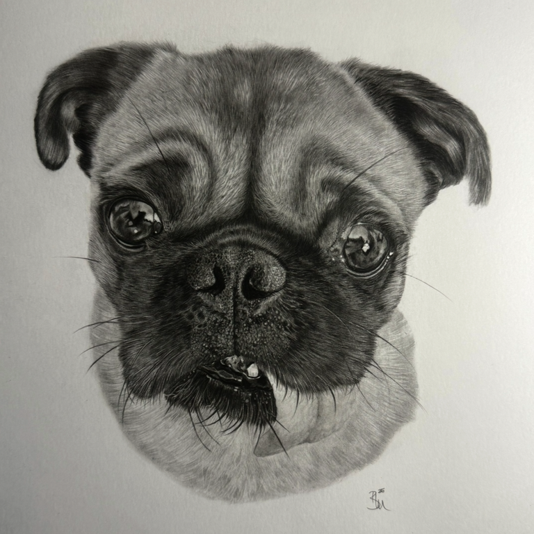Beautiful hyper realistic pug drawing created in graphite pencil by Panchula Art Artist